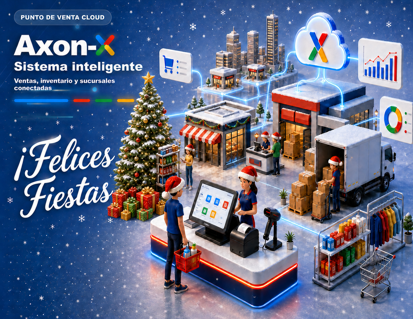 Axon-X. Sistema inteligente. Felices Fiestas: personas con gorritos, un arbol de Navidad grande y regalos.